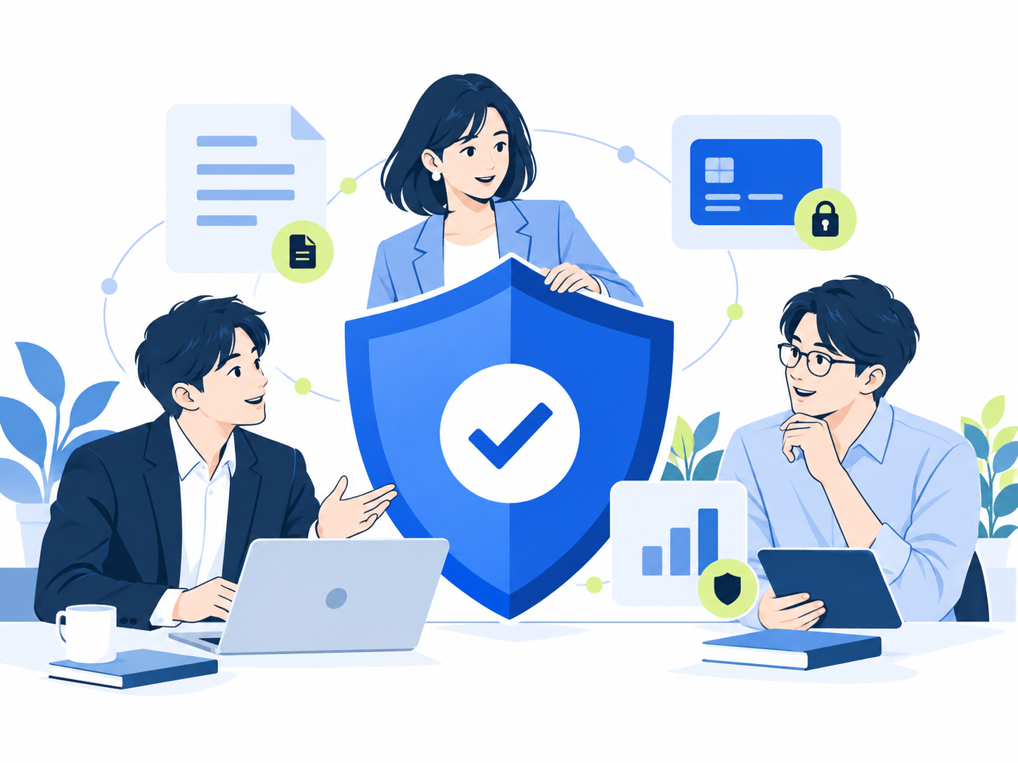 情報とお金を守る仕組みを一緒に考えるチームのイラスト